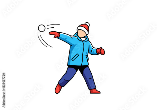 Cartoon child throwing snowball, winter playful scene