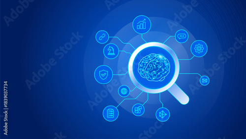 Smart search with AI concept blue background - technology vector illustration, icons have editable strokes