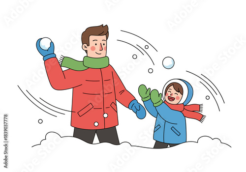 Father and child having snowball fight, winter fun, happy family