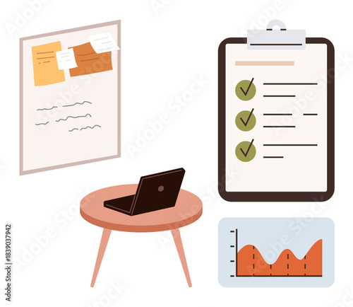 Checklist with marked tasks, bulletin board with notes, data graph, and laptop on a table. Ideal for productivity, planning, organization, teamwork reporting strategy workflow. Simple flat