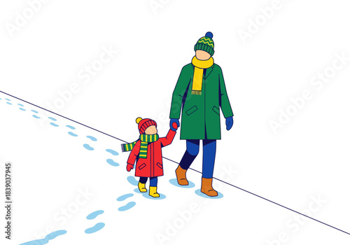 Mother and child walking together in winter clothes