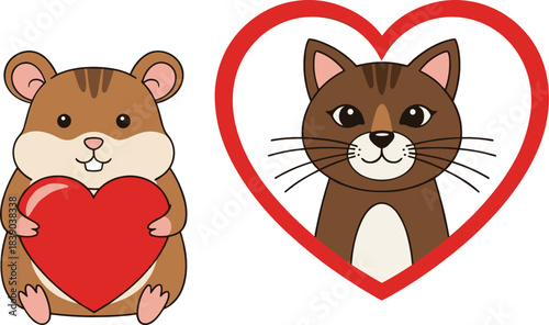Cute hamster and cat characters holding heart symbols illustration in kawaii cartoon flat vector style for love designs