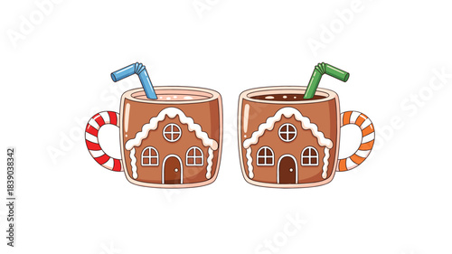 Cute gingerbread house mugs illustration with candy handles and straws in festive winter flat vector style