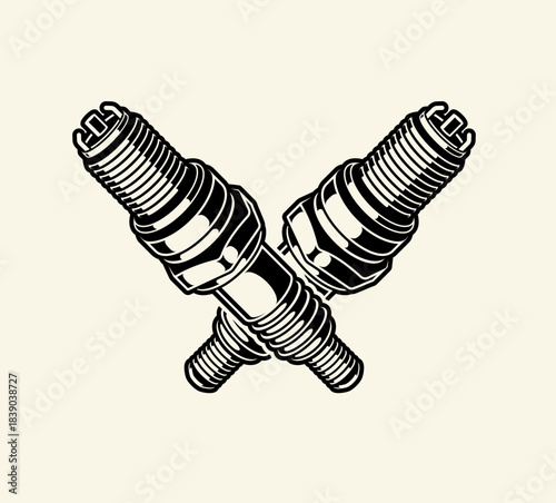 Sparkplug car-ignition system engine spare part, Sparkplug editable vector, sparkplug for outomotive art black and white badge , sparkplug badge, spark plug vector illustration in bold black n white