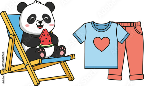 Cute panda character sitting on beach chair eating watermelon with kids clothing set in cartoon flat vector style