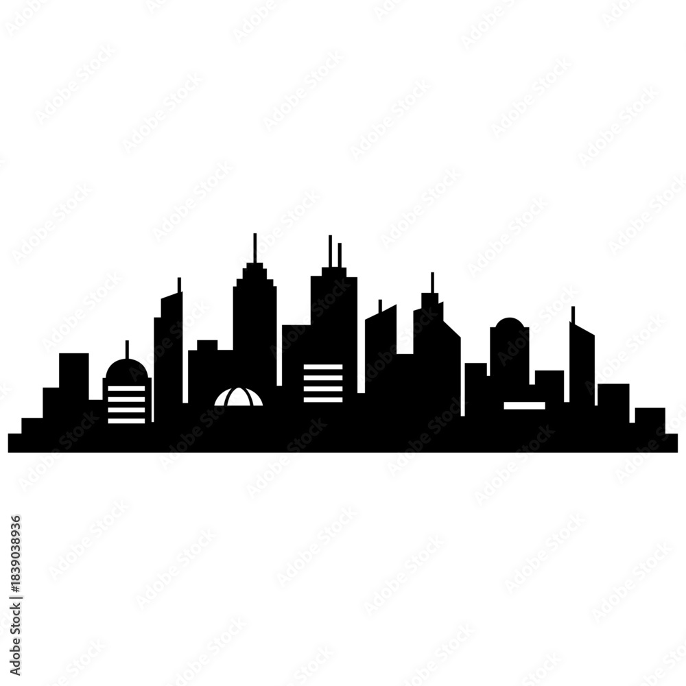 Fototapeta premium A black silhouette icon of a modern city skyline featuring a variety of tall, medium, and short buildings and skyscrapers against a clear background.