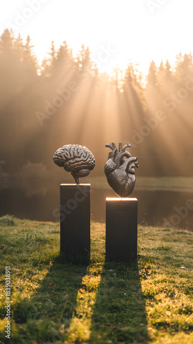 Metallic Brain and Heart Sculptures in Misty Sunrise Forest