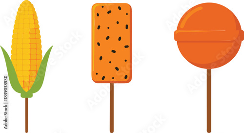 Cute summer snack illustration set featuring corn on cob popsicle and candy in simple flat vector style