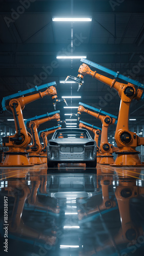 Futuristic Automotive Assembly Line With Orange Robots and Silver SUV