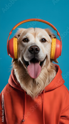 Golden Retriever Wearing Orange Hoodie and Coral Headphones on Blue Background