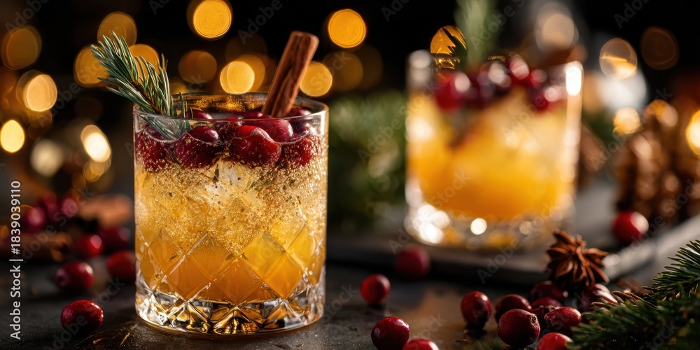 Fototapeta premium Festive Holiday Cocktails. Glasses of cocktails with Christmas decoration, blue neon bokeh lights background. Season drink set. Vibrant colorful display of various winter drinks. New Year celebrations