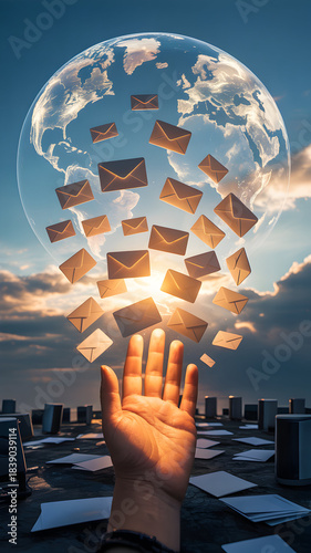 Hand Reaching Toward Glowing Globe With Floating Envelope Icons at Sunset
