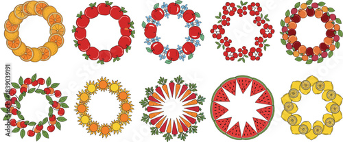 Decorative fruit circle frames collection with citrus berries and watermelon in modern flat vector illustration style