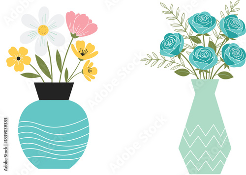 Decorative flower bouquets in modern vases illustration set in soft flat vector style for home decor design