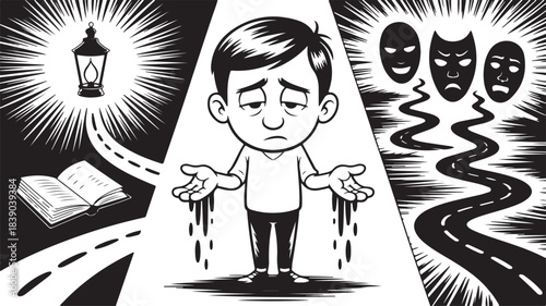 Man facing a difficult choice between enlightenment and emotional turmoil, black and white illustration

