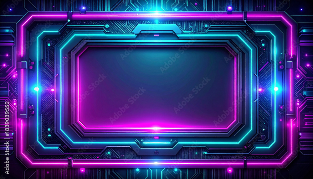 Obraz premium サイバーパンクフレーム・多層構造のネオンピンクとブルー背景