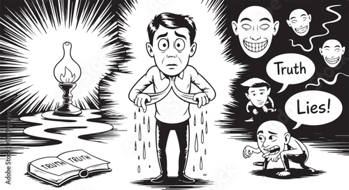 Man revealing inner self under light, facing truth and lies
