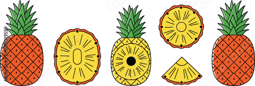 Fresh pineapple fruit collection with slices and rings in playful hand drawn vector illustration style for summer designs