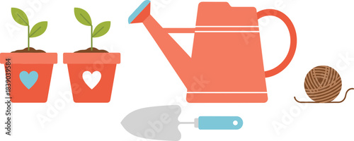 Gardening tools and potted plants illustration set with watering can shovel and yarn in flat vector style