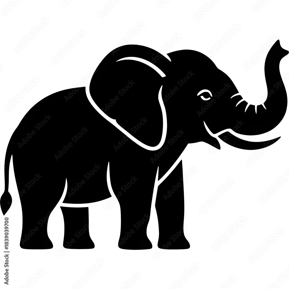 Fototapeta premium Black flat silhouette logo of an elephant, strong geometric shapes, simplified trunk and ears, modern minimalist design