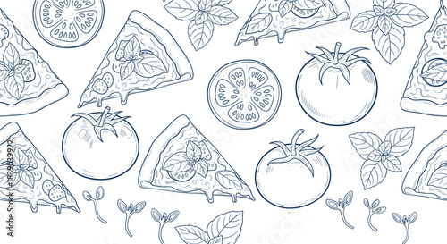 Hand drawn Italian food seamless pattern with pizza slices tomatoes herbs and ingredients in sketch vector style