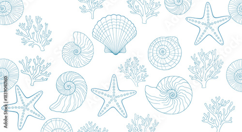 Hand drawn ocean life seamless pattern featuring shells starfish and coral reef elements in sketch vector illustration style