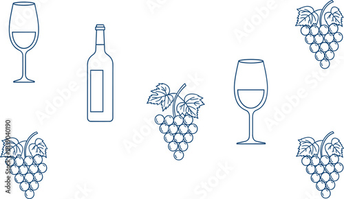 Hand drawn wine illustration seamless pattern featuring bottles wine glasses and grapes in outline vector style