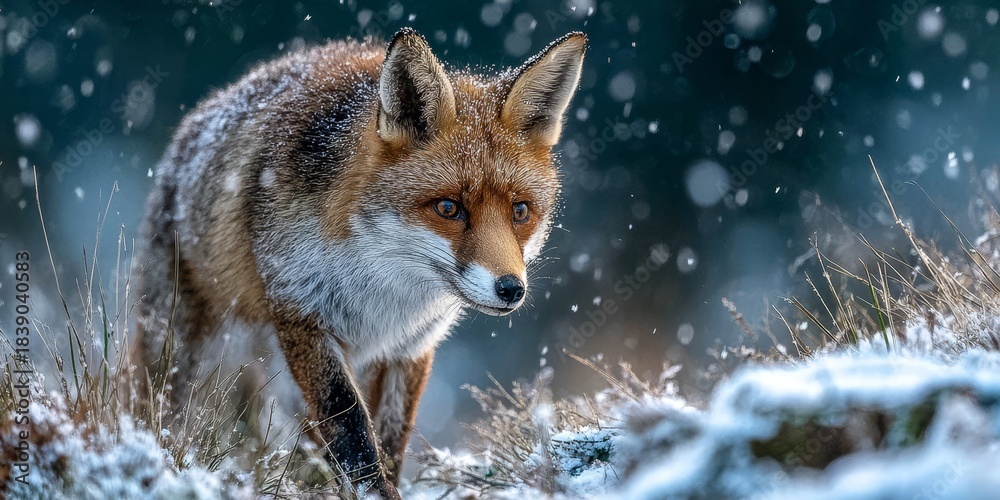 Obraz premium Majestic red fox gracefully roams through serene snowy landscape, a stunning winter wildlife scene.