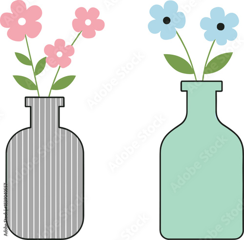 Minimal flower vases illustration with pastel blooms in simple flat vector style for modern home decor
