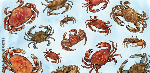Watercolor collection of red crabs on blue background AI GENERATED