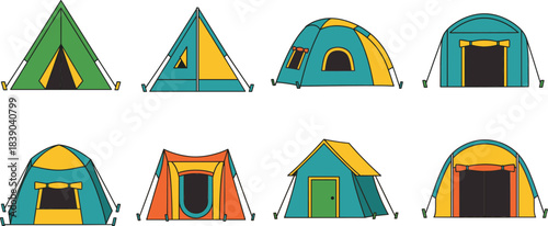 Modern camping tent illustrations set in flat vector design for outdoor adventure travel hiking and tourism projects