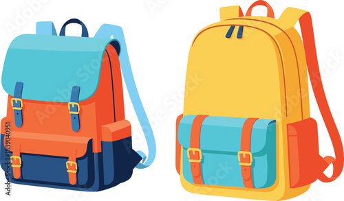 Modern colorful school backpacks set in flat vector style isolated on white background for education and travel