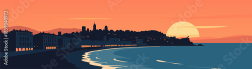 Cityscape at sunset with ocean and silhouettes