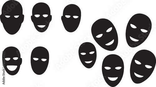 Collection of black and white theatrical and horror face masks and expressions with white background.