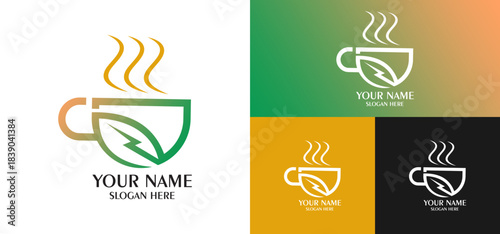 Eco Coffee Cup Logo with Steam and Leaf, Natural Branding