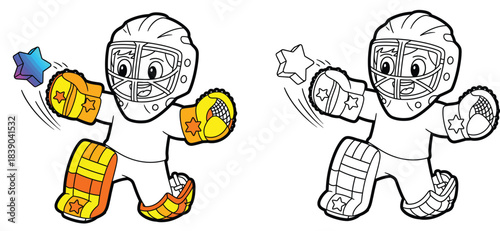 A vector illustration of a cartoon hockey goalie child catching a star. Adorable boy goalie with outline for a coloring page. Isolated on white, a winter sports figure with padding and a helmet