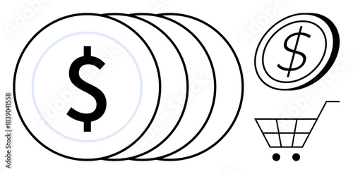 E-commerce, financial transactions, online shopping, retail, business dealings, currency exchange. Dollar sign coins and shopping cart . E-commerce and financial transactions concept