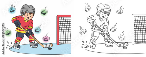 An illustration of a cartoon boy playing ice hockey firing magic pucks at the goal Isolated on a white background this adorable child is practicing shots with a black and white coloring page outline
