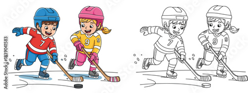 Vector illustration of a cartoon child playing ice hockey with a black and white outline for a coloring book. Happy, uniformed boy and girl skaters with a puck and sticks.