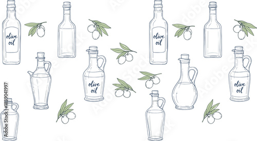 Seamless olive oil pattern with bottles and olive branches in hand drawn sketch vector style for culinary design