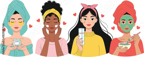 Skincare and self care routine illustration with diverse women applying beauty products in modern flat vector style
