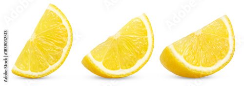 Yellow lemon slice set. Citrus fruit slices isolated on white background. Full depth of field.