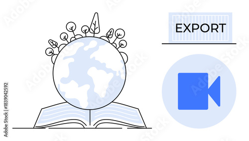 Education, sustainability, digital content, knowledge sharing, media export, global learning. Earth above open book, export text video icon. Education and sustainability