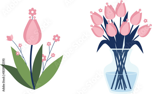 Tulip floral illustration set with single flower and vase arrangement in soft flat vector style for home decor