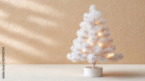 White christmas tree miniature decorating festive holiday season. Small glowing winter spruce creating elegant background space