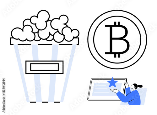 Digital entertainment, cryptocurrency transactions, online reviews, rating systems, virtual interaction, consumer decisions. Black and white popcorn, Bitcoin logo, online review activity