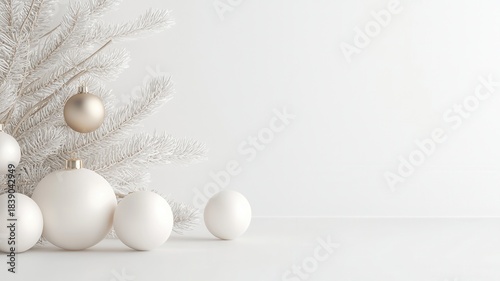 White christmas baubles and decorative branches creating a clean, minimalist holiday background with copy space