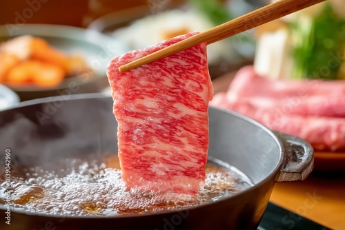 sliced wagyu beef being dipped into a boiling shabu-shabu pot