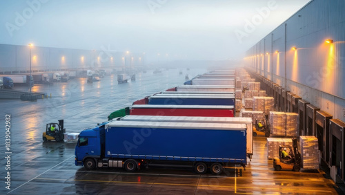 Heavy trucks parked at a large distribution warehouse loading dock with forklifts loading cargo in foggy morning light. Essential supply chain operations are ongoing.