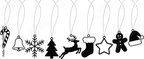 Black Christmas Ornaments Hanging on Dotted Lines candy